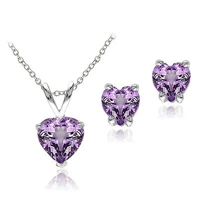 925 Silver 1.9ct Amethyst Heart Solitaire Pendant & Stud Earrings Set • $18.99