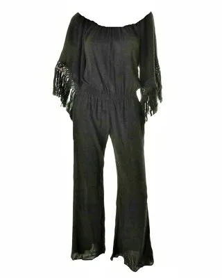 $21 • Buy ELAN Womens BLACK Fringed OFF THE SHOULDER JUMPSUIT Or COVER UP SZ S NWT US SHIP