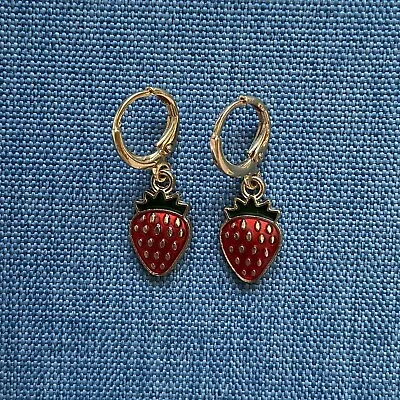 £3 • Buy Gold Huggie Hoop Earrings With Strawberry Charm