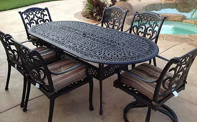 Outdoor 7 Pc Dining Set Patio Furniture Oval Table Cast Aluminum Chairs Bronze • $2439