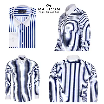 Makrom Blue Striped Men's Shirt Club Collar Pin Chain • £39.99