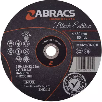 ABRACS Thin Metal Cutting Discs 230 X 1.8 X 22mm Phoenix II - Black Edition INOX • £47.05