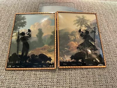 Vintage Silhouette Convex Glass Pictures Reverse Painting Shepherd Boy & Girl • $21