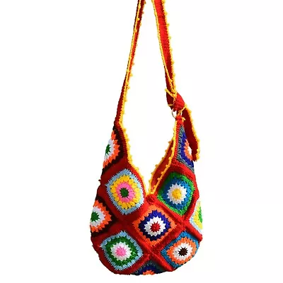 VEDI ARTISTRY Crochet Bag Granny Square Bag Shoulder Bag Cross Body Bag - Red • $49.99