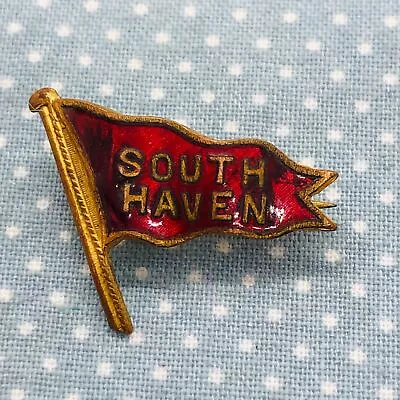 Early 1900s South Haven Michigan Souvenir Enamel Pennant Flag Lapel Pin Brooch • $79.99