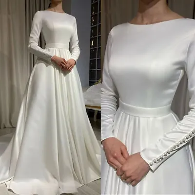 Simple Muslim Long Sleeves Wedding Dresses Satin A Line Scoop Neck Bridal Gowns • $113.52