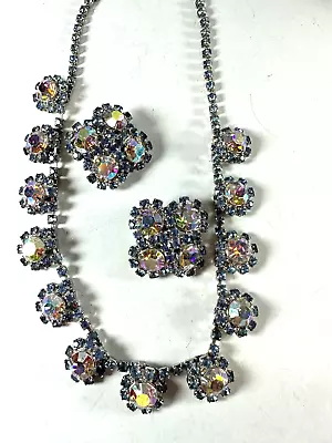 Vintage Necklace Set Clip On Rhinestone Signed  ORA Blue AB Encrusted Lot 1950s • $112