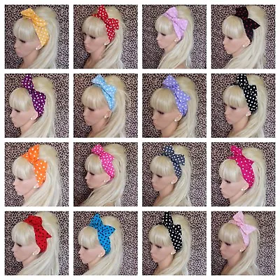 POLKA DOT COTTON BENDY WIRED WIRE BOW HAIR WRAP SCARF HEADBAND RETRO 50s VINTAGE • £4.99