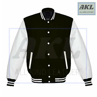 Varsity Jacket Letterman Black Wool Genuine White Leather Sleeves XS - 4XL • £89.99