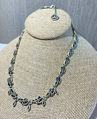 Vintage Silver Tone Crown Trifari Necklace With Black Rhinestones 17  Long • $16