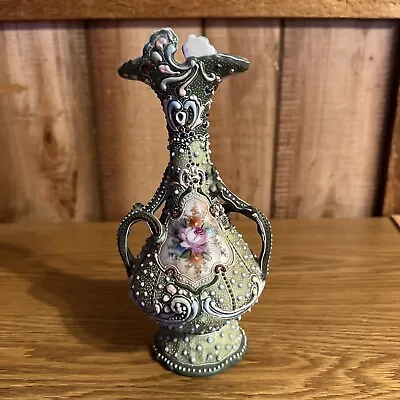 Vintage Hand Painted Nippon Moriage Double Handle Beaded Vase Floral Design • $65