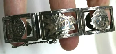Mexico Maya Inca Aztec Motif Bracelet 7  Sterling Silver Rare Vintage #J-5 • $90.98