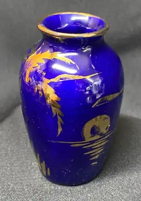 Antique * Palm Trees / Moon * MINIATURE * Vase  KASS USA * 3  Cobalt Blue / Gold • $7.50