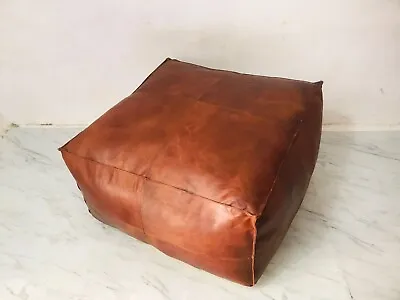 Boho Large Square Coffee Table Pouf In Distressed Brown Leather • $79.05