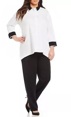 Ming Wang Black White Contrast Collar Cotton Button Front Tunic Shirt 1X 2X 3X • $119