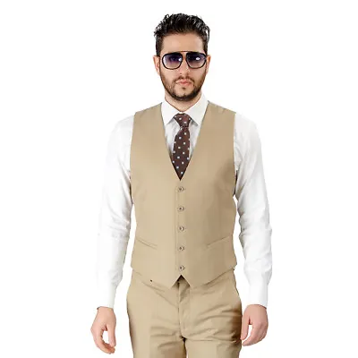 Men's Tan Dress Suit Vest 5 Button V Neck Adjustable Back Strap Formal AZAR  MAN • $34.99