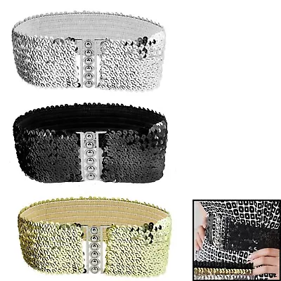 Womens Stylish Stretch Buckle Waist Belt Wide Sequin Elastic Corset Waistband • £3.99