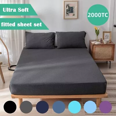 2000TC Ultra Soft Deep Fitted Sheet Set Pillowcases Single/Double/Queen/King Bed • $17.49