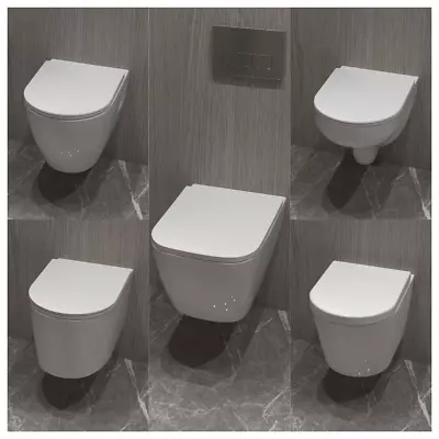 Bathroom Many Styles Rimless Wall Hung Toilet Pan WC Soft Close Seat • £129.47