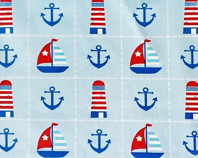 Blue NAUTICAL CHECK Cotton Fabric Anchor Lighthouse Ship Boat Seaside Craft 50cm • £4.50