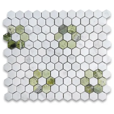 C31F12XH Carrara White Marble Hexagon Rosette Mosaic Tile Green Jade Honed • $42.99