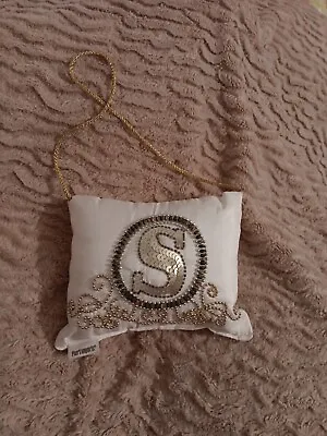 Pier 1 Tiny White Pillow  S  Monogram Embellished Beads Sequins in Gold/Black • $26