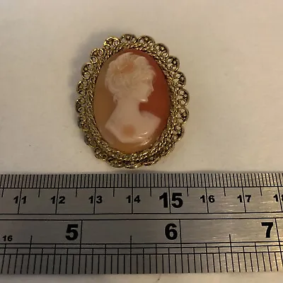Victorian Shell ? Embossed Cameo Pin Brooch In Ornate Filigree Pinchbeck Setting • £24.49
