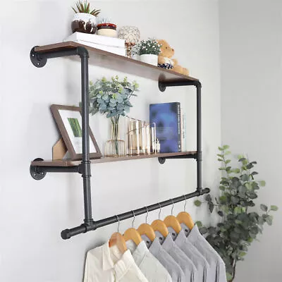 Heavy Duty Pipe Clothes Rail Wall Mounted Garment Rack With 2 Tiers Open Shelves • $39.93