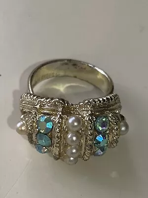 Vintage Uncas Mfg  Ring Size 7 Boho  Faux Pearls AB Aurora Borealis Adjuststable • $12