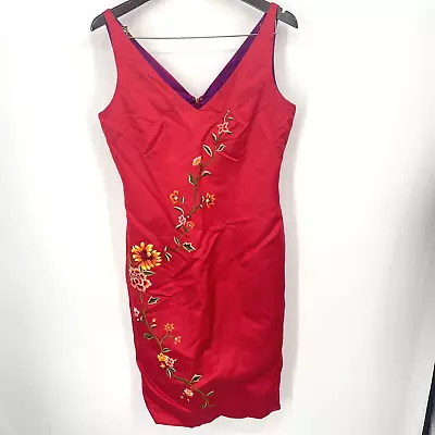 Melinda Eng Womens Dress 10 Red Floral Embroidered Silk Sleeveless READ • $25