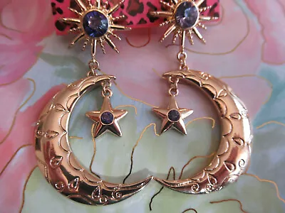 $6.95 • Buy New Moon & Stars Lavender Blueish Rhinestone Betsey Johnson Zodiac Earrings NWT