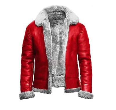 Mens B3 Bomber Fur Collar Aviator Red Leather Jacket RAF Flight Santa Edition • $149.99