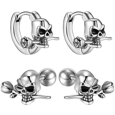 Men Women Punk Rose Skeleton Skull Head Dangle Hoop Stainless Steel Stud Earring • $12.99