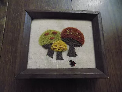 Vtg Retro 70s Needlepoint Mushrooms Ladybug Wooden Framed Wall Art Mini 5” X 6  • $12.99