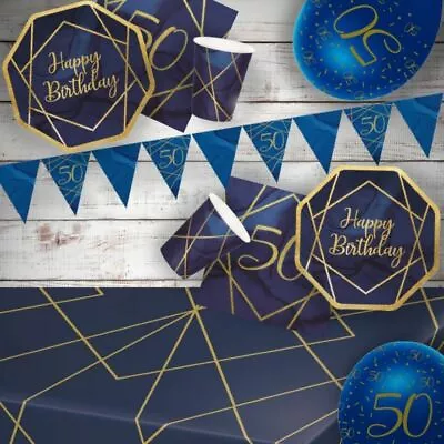 50th Birthday Party Decorations Banners Balloons Supplies Tableware Blue & Gold • £3.80