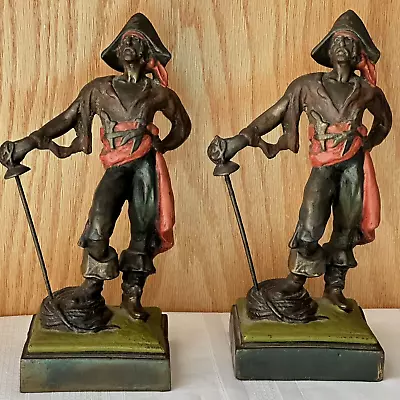 Signed Paul Herzel Bronze Clad Painted 10”H Pirate With Sword Sculpture Bookends • $75