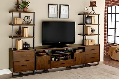 3 Pc Walnut Finish Metal Framed Tv Entertainment Storage Console 2 Media Towers • $1599