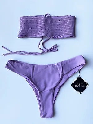 Zaful Purple Mauve Bandeau Shirred Top & Bottoms Swimwear Bikini Set BNWT 12 • £14