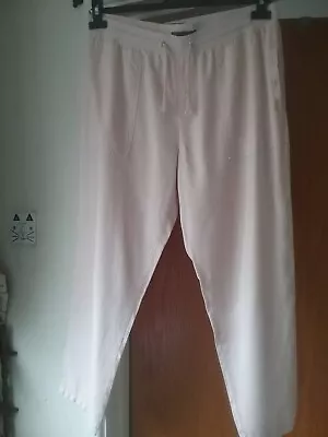 M&S Linen Blend Pink Preworn Trousers Drawstring Waist Tapered Size UK 14 Reg • £5