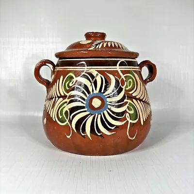 Mexican Pottery Clay Bean Pot Hand Painted Red Lid Vtg Floral Folk Art Primitive • $29.99