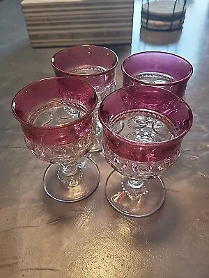 Set Of 4 Kings Crown Ruby Red Flash Thumbprint Tiffin Cranberry Glass Goblet • $20