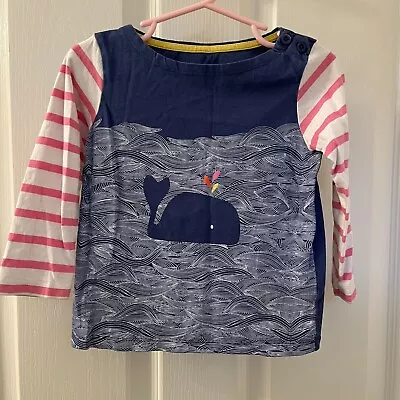 Mini Boden Blue Whale Pink Striped Sleeves Tee Shirt Girls Size 1.5-2 Years • $6.99