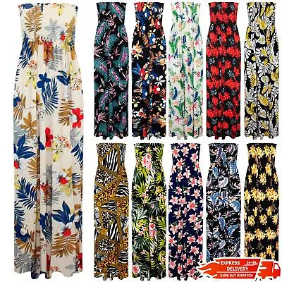 Womens Strapless Ladies Floral Printed Sheering Boob Tube Bandeau Top Maxi Dress • £8.49