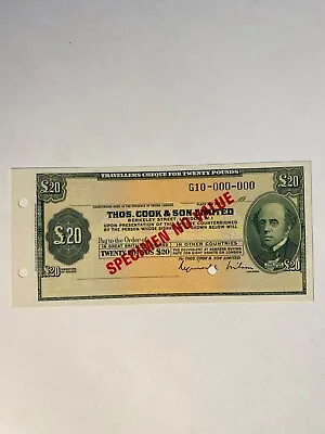 English Obsolete Currency Travellers Cheque 20 Pounds 1900’s SPECIMEN • $63