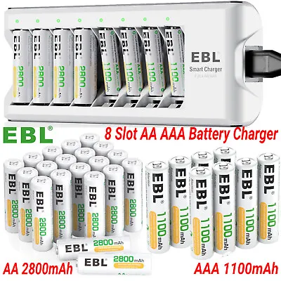 EBL 1.2V Rechargeable NIMH AAA AA Batteries 1100mAh 2800mAh + 8 Slot Charger Lot • $15.99