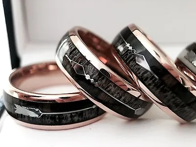 Real Elk Antler Ring Mens Women Rose Gold Tungsten Wedding Band Wood Ring 8mm • $264