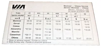 February 1999 Via Rail Canada Montreal Ottawa Service Public Timetable  • $20