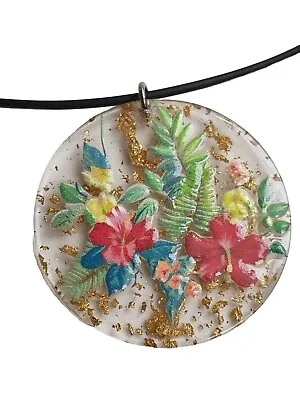 40mm XXL 24K Gold Flakes Floral Flower Resin Pendant Necklace Gift Jewellery • £3.50