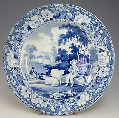 £49 • Buy Antique Pottery Pearlware Blue Transfer Stevenson Piping Shepherd Plate 1825
