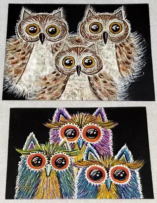 2 Orig. ACEO ACRYLIC PAINTING VINTAGE STYLE BIG EYES OWL FAMILY Kitschy Cute LOT • $12.99